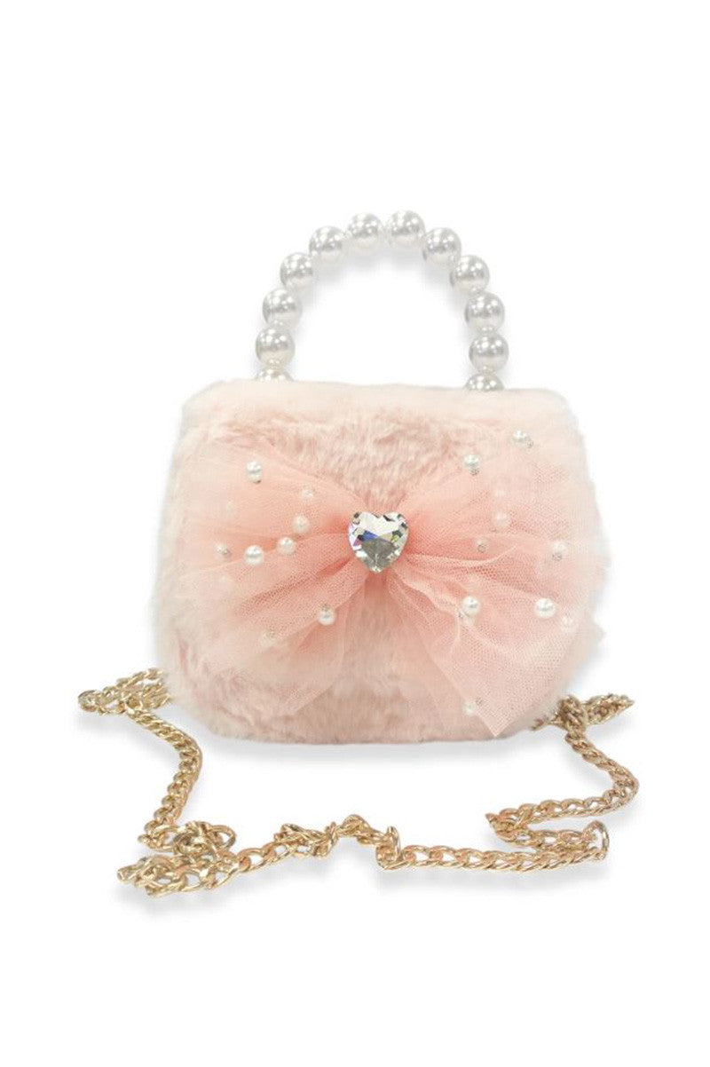 Mesh bow furry purse in pink view with chain