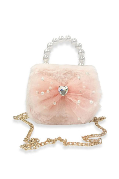 Mesh bow furry purse in pink view with chain