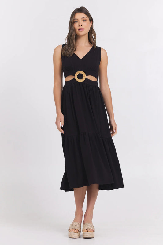LINEN MAXI DRESS WITH WOOD O-RING IN BLACK FRONT VIEW