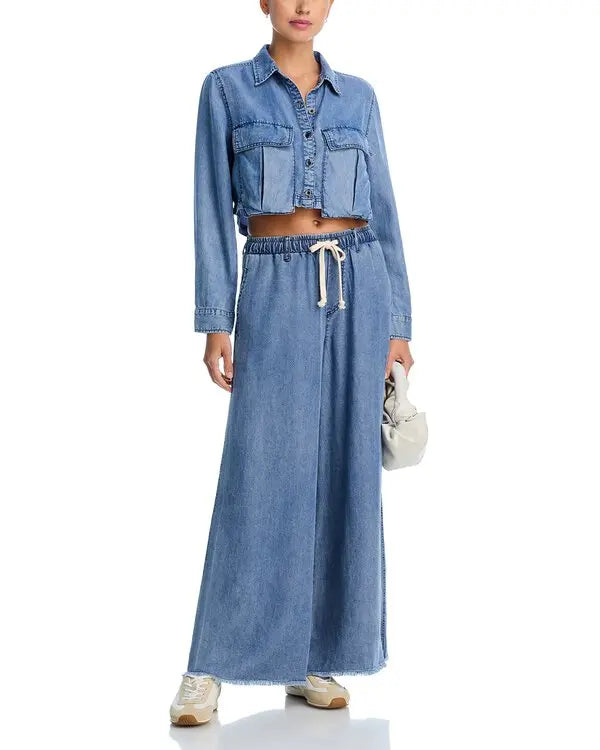 Wide-leg TENCEL denim pant with elastic drawstring waist and front patch pockets