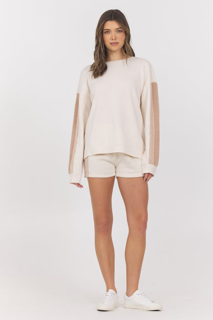 Colorblock burnout fleece crewneck top in coconut multi front view