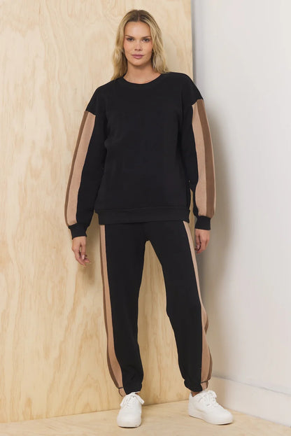 COLORBLOCK BURNOUT FLEECE CREWNECK IN BLACK/NEUTRALS SET FRONT VIEW