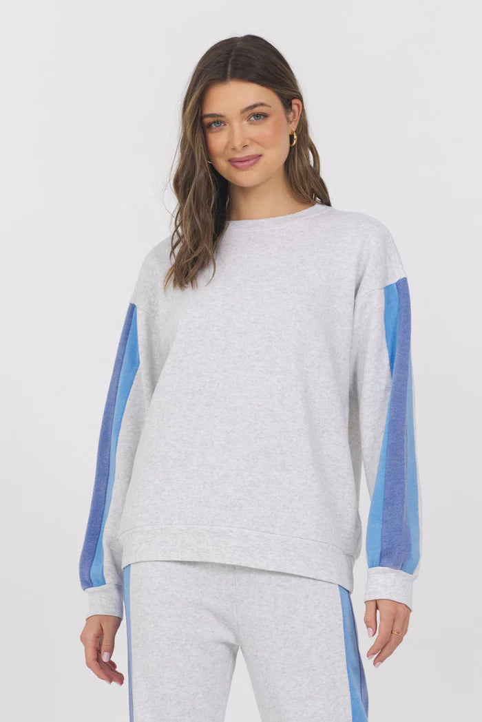 Colorblock burnout fleece crewneck, light gray with blue sleeves