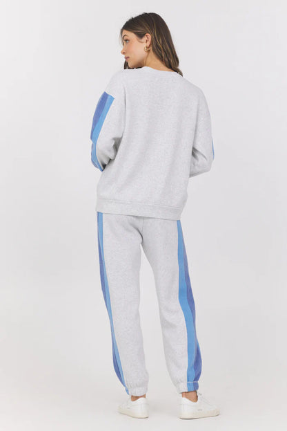Colorblock burnout fleece crewneck with joggers, light gray and blue side panels