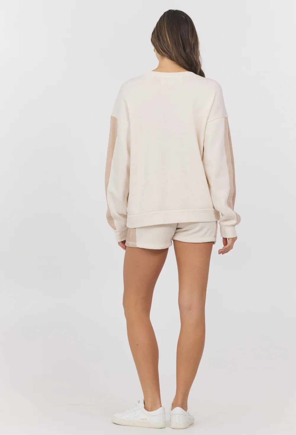 Colorblock burnout fleece crewneck top in coconut multi back view