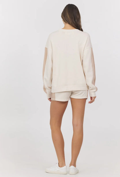 Colorblock burnout fleece crewneck top in coconut multi back view