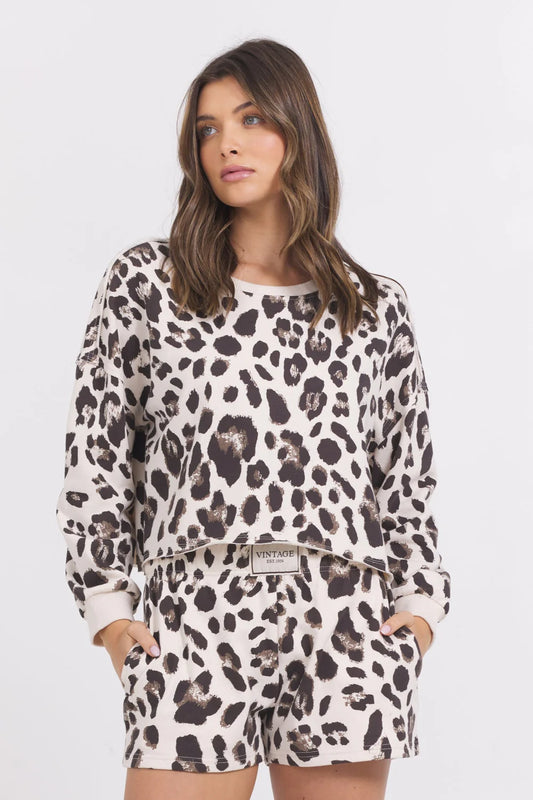 PRINT SUEDE TERRY CREW IN COCONUT WITH LEOPARD FRONT VIEW