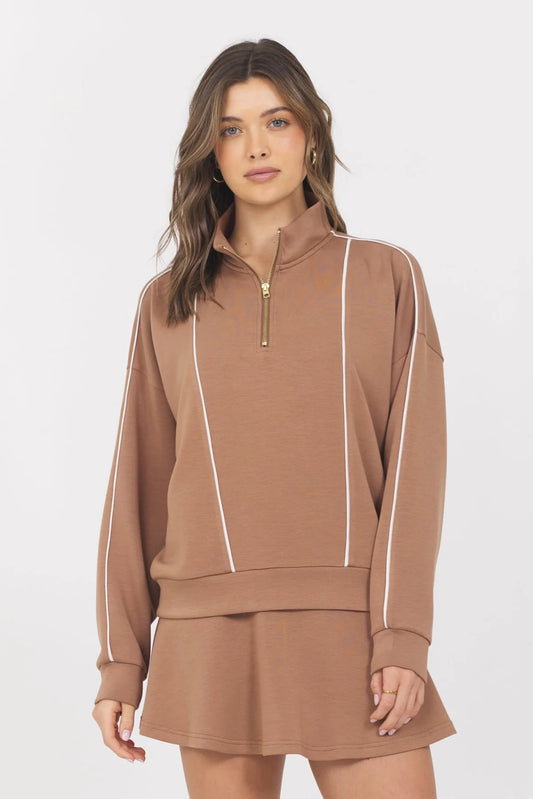 CLOUD PIPING QUARTER ZIP IN TOFFEE/WHITE FRONT VIEW