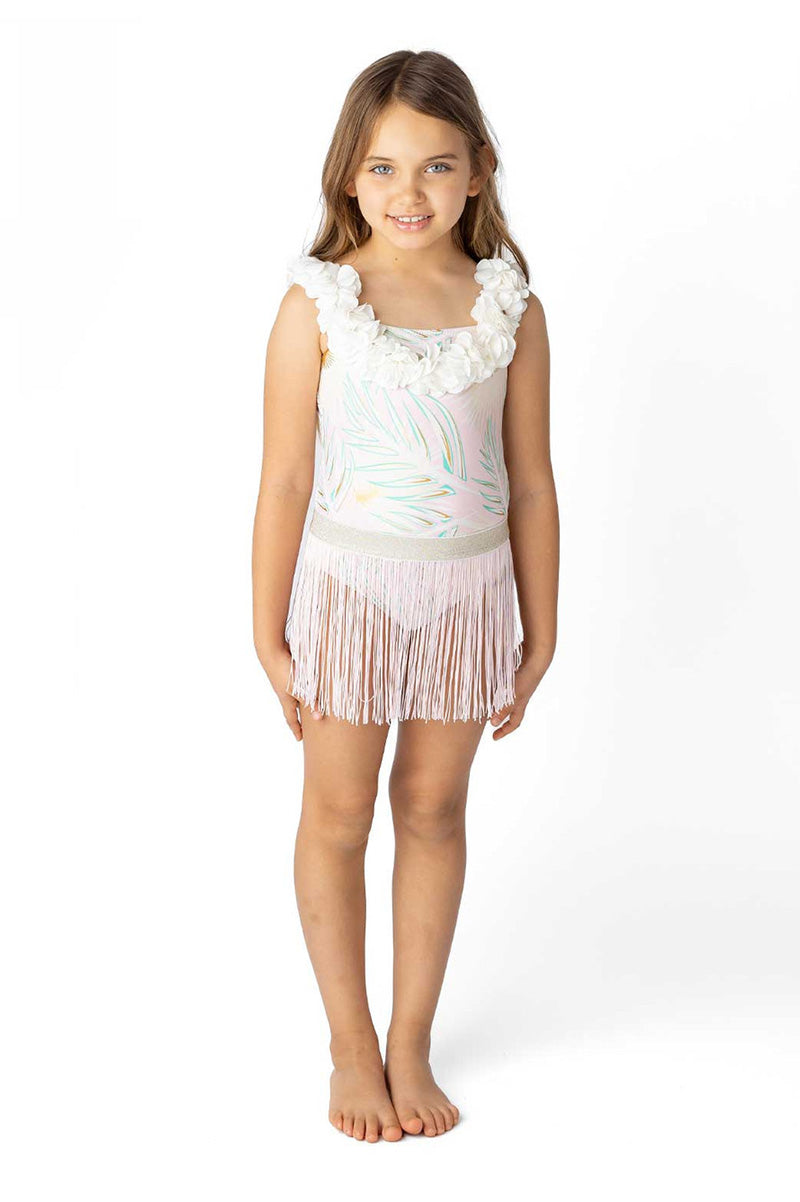 Hula 1pc & skirt swimsuit in pink green front view