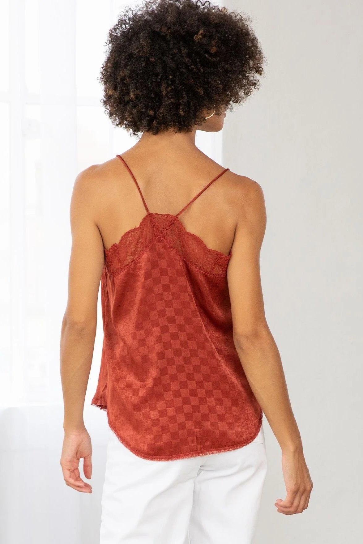 CHECKERED SATIN CAMISOLE IN BURNT RUST BACK VIEW