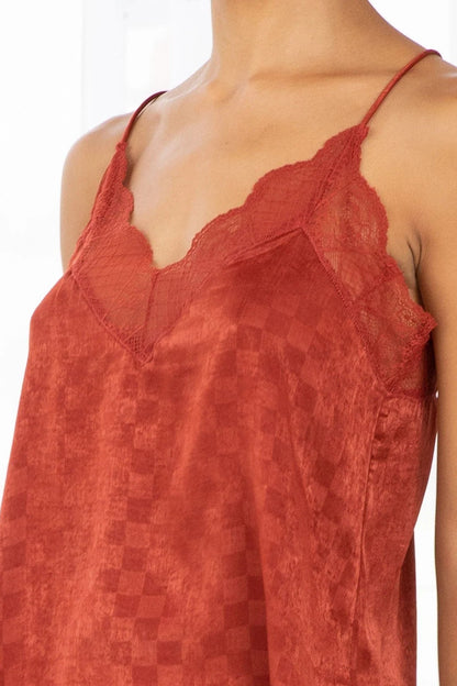 CHECKERED SATIN CAMISOLE IN BURNT RUST CLOSEUP VIEW