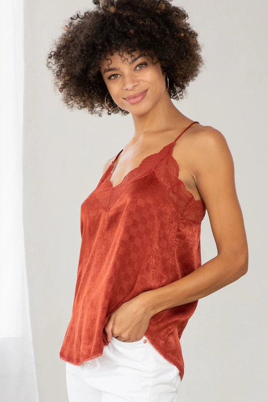 CHECKERED SATIN CAMISOLE IN BURNT RUST FRONT VIEW