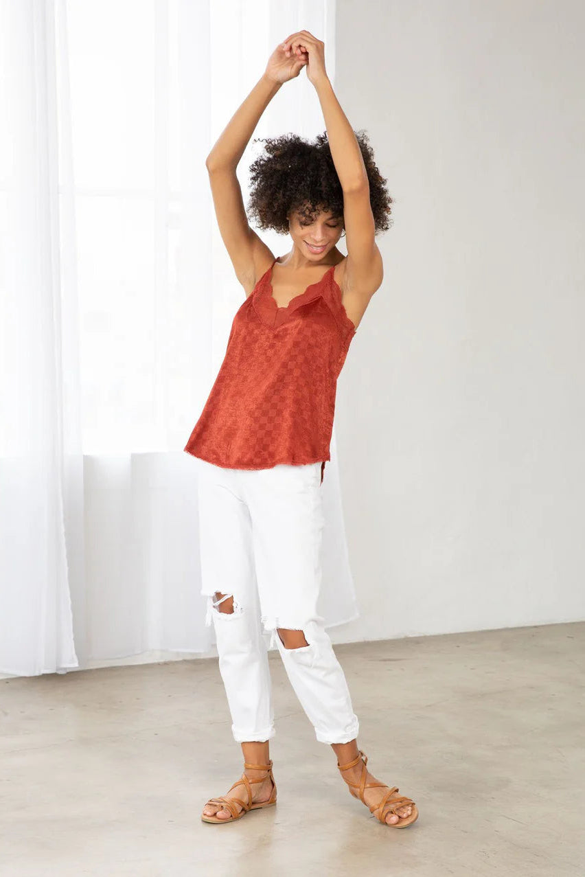 CHECKERED SATIN CAMISOLE IN BURNT RUST FRONT VIEW