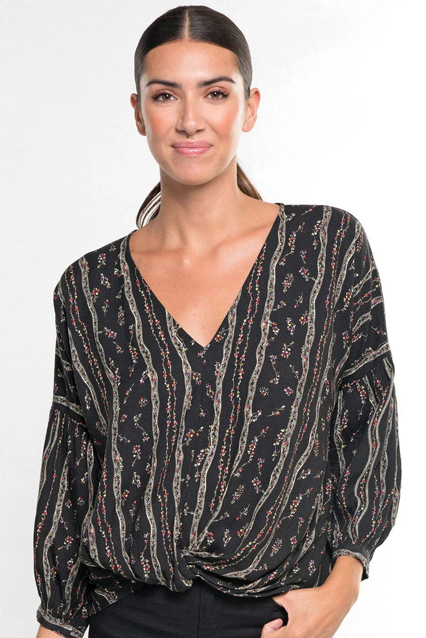 FLORAL TWIST FRONT TOP IN BLACK COMBO FRONT VIEW