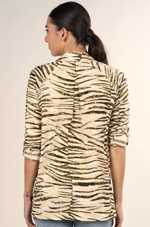 Zebra print button front top in sahara nude back view