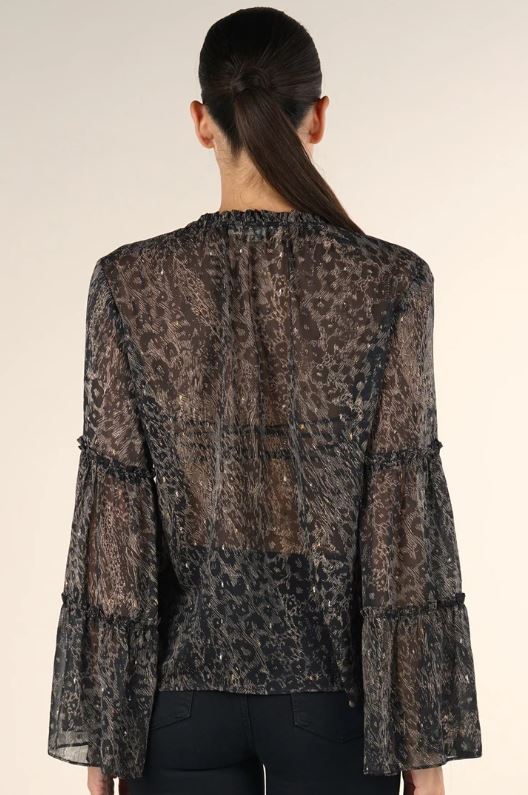 Sheer animal ruffled bell sleeve top in  black sand back view