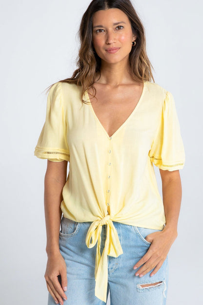 Yellow vneck tie front top