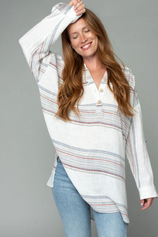 Linen stripe oversized collared tunic ivory with red stipes front view