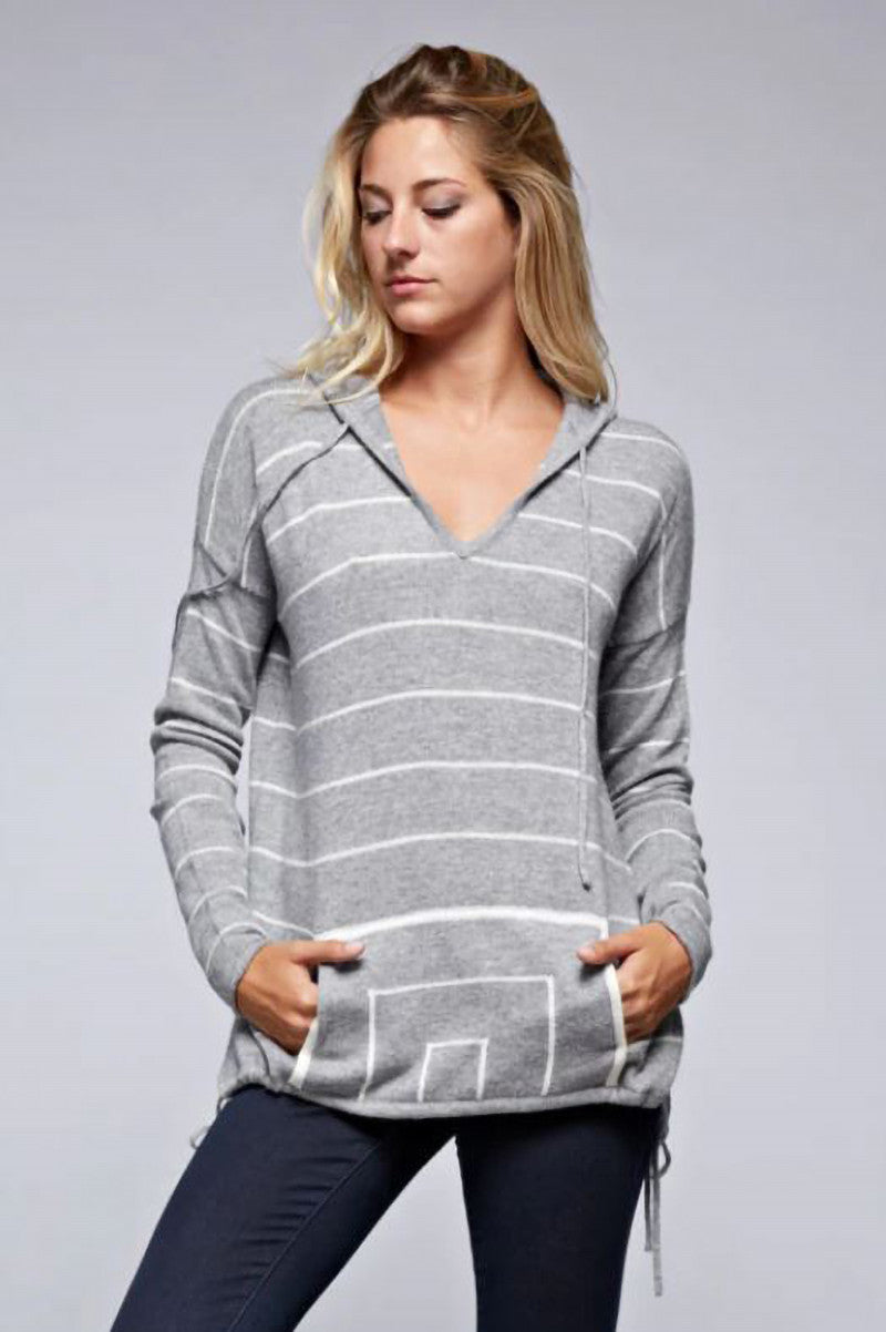 Striped Hoody Sweater in gray cream front view
