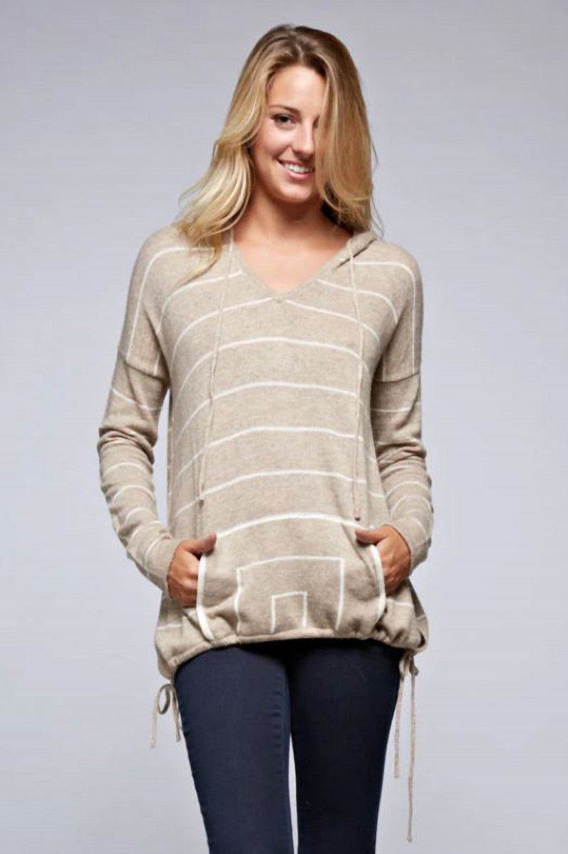 Striped Hoody Sweater in tan cream front view