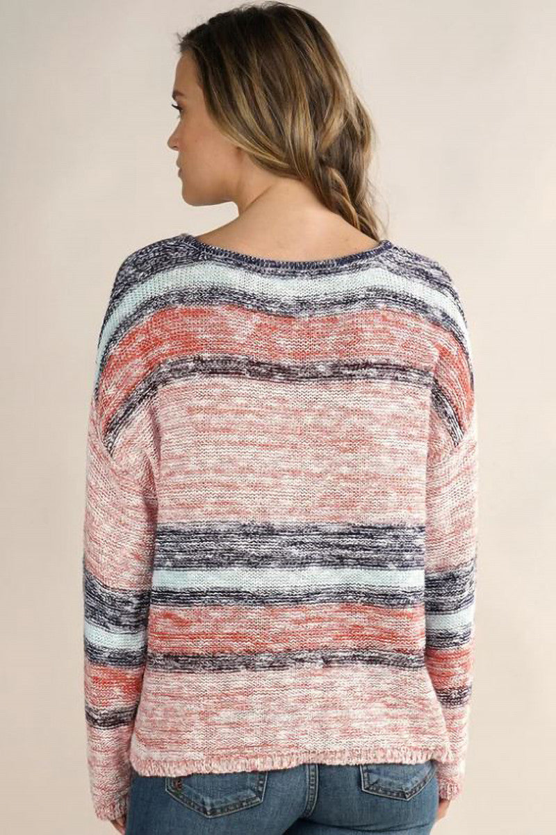 Cozy striped crewneck sweater in peach/aqua/navy back view