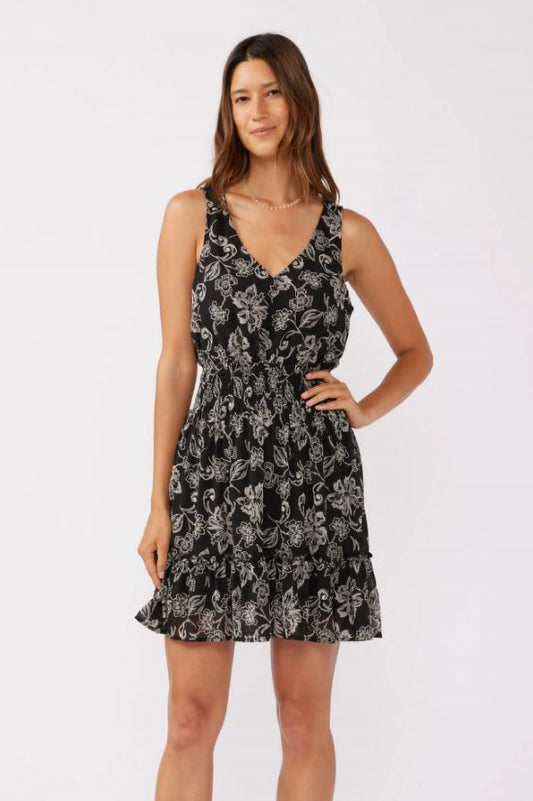 Floral Smocked Tiered tank mini dress in black natural front view