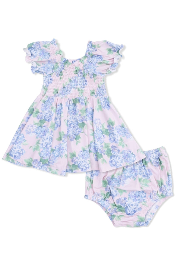 Smocked twirly dress with bloomers, pastel floral print, ruffled skirt and sleeves