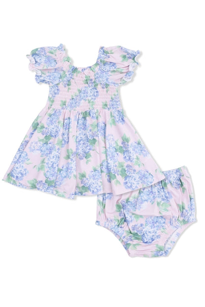 Smocked twirly dress with bloomers, pastel floral print, ruffled skirt and sleeves