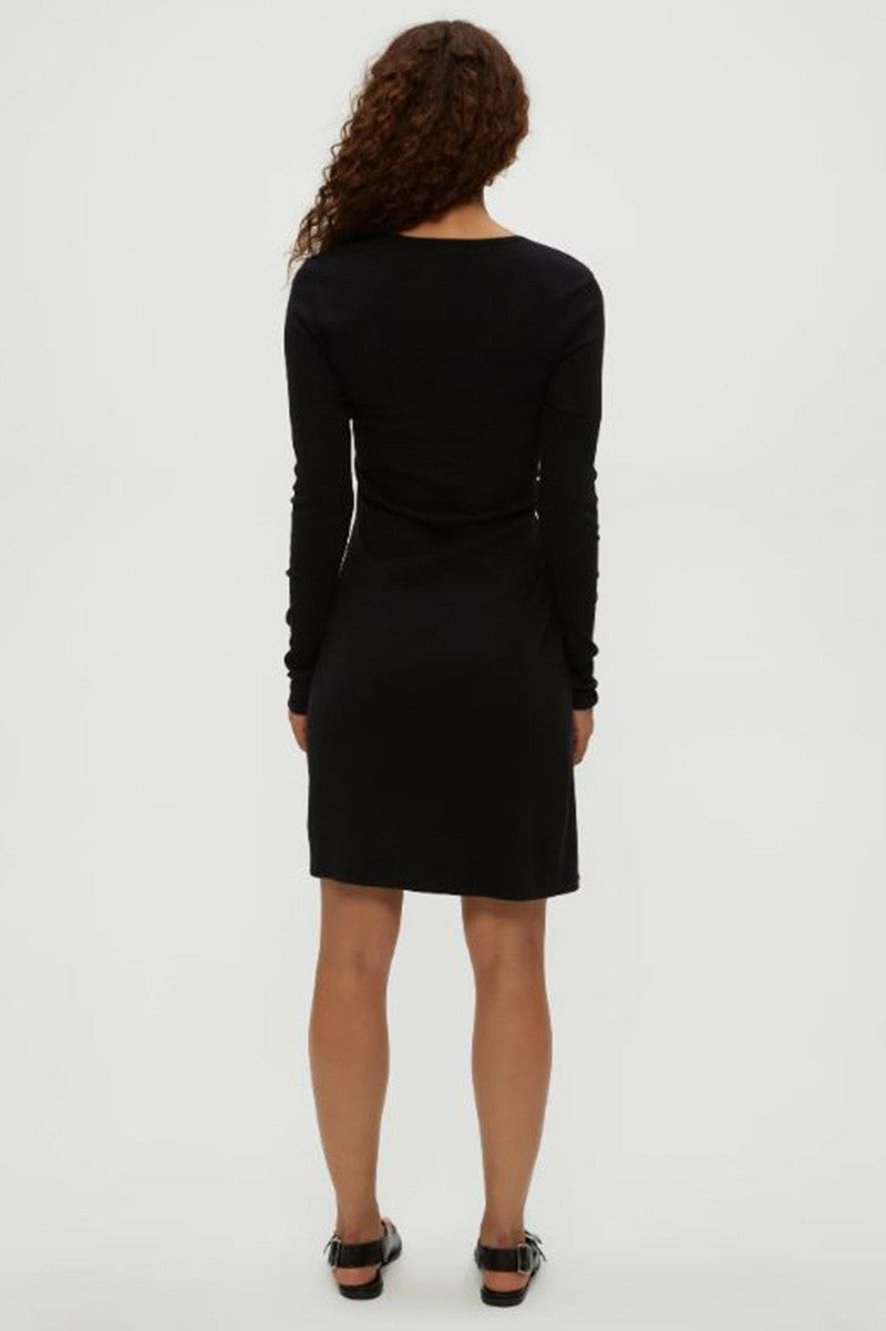 Marina Ruched long sleeve mini dress in black back  view