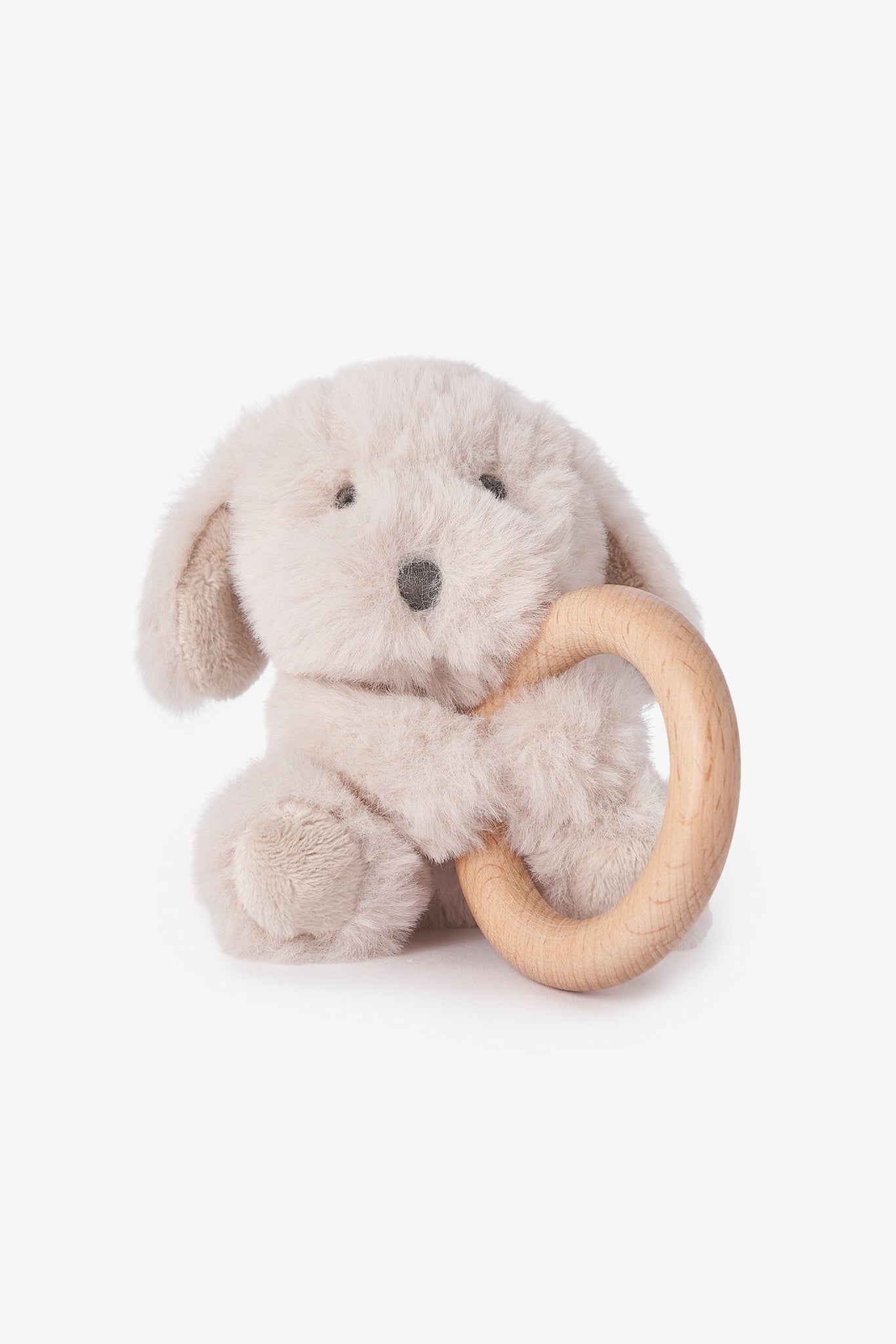 Taupe puppy plush ring rattle with wooden teether loop