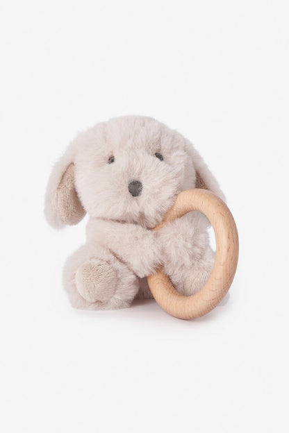 Taupe puppy plush ring rattle with wooden teether loop