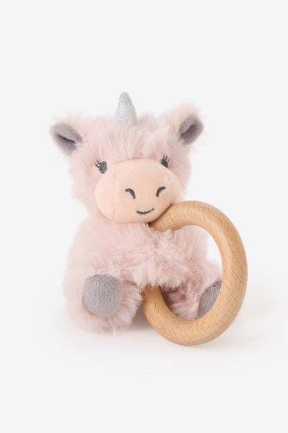Pink unicorn plush ring rattle with wooden teether loop