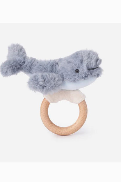 Light blue whale plush ring rattle with wooden teether loop