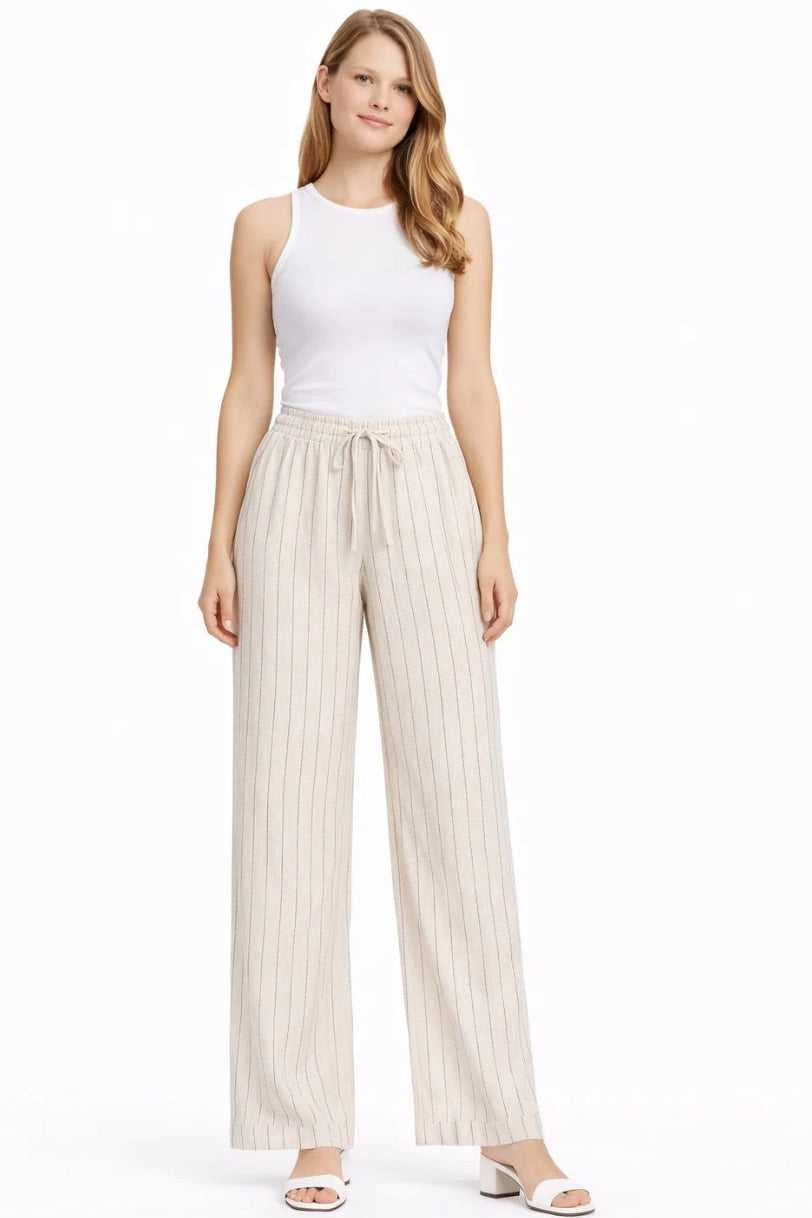 Striped wide-leg pants with smocked drawstring waistband, beige-and-white vertical stripes