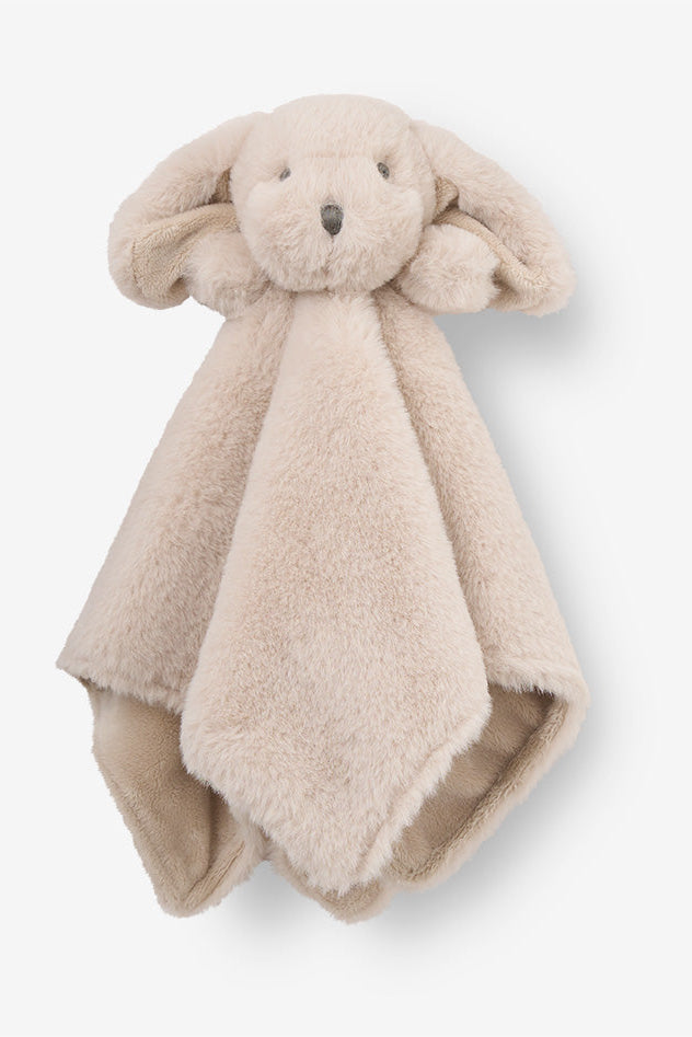 Beige plush puppy comfort blanket on a white background