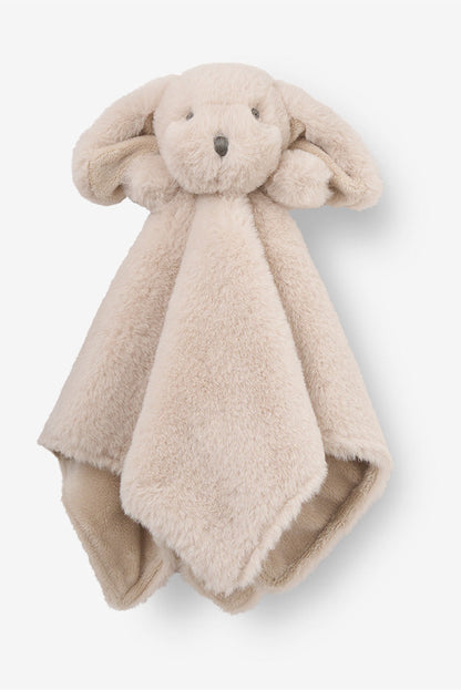 Beige plush puppy comfort blanket on a white background