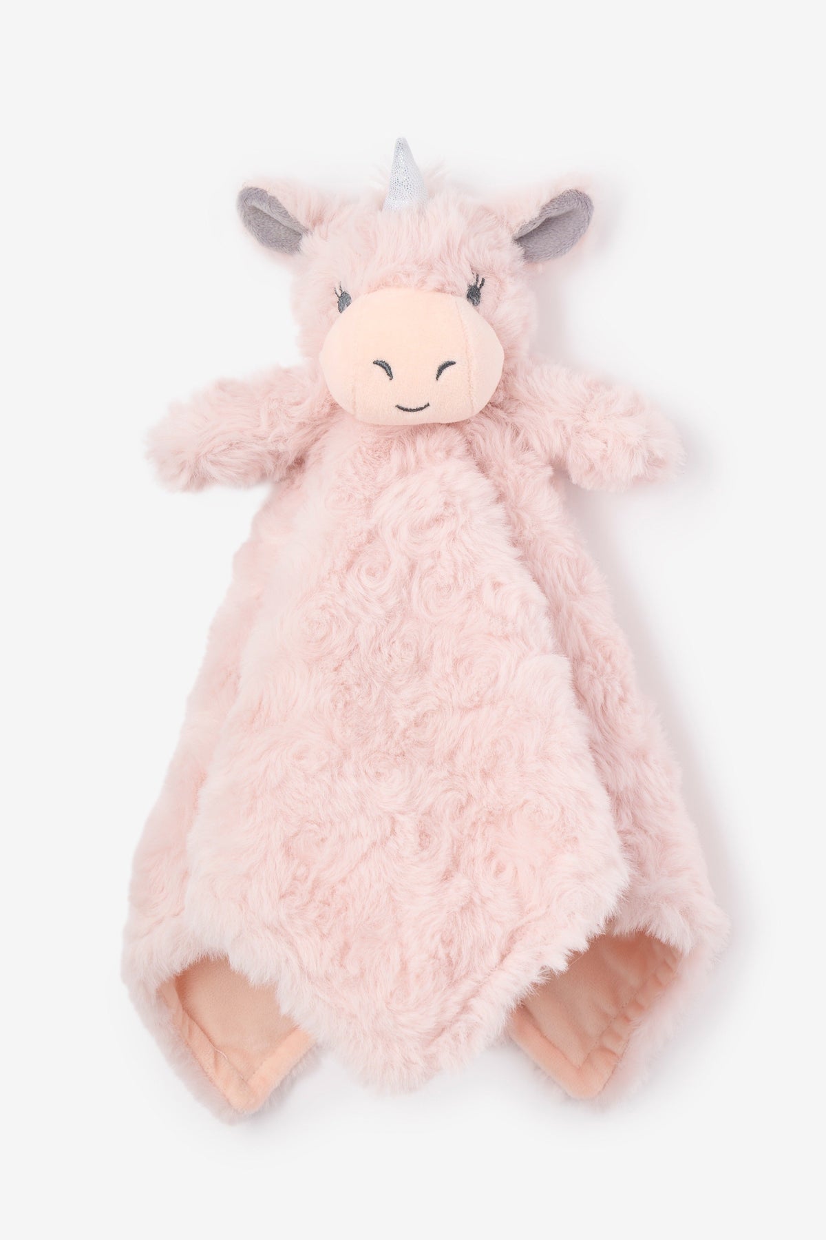 Pink plush toy security blanket with a unicorn design on a white background