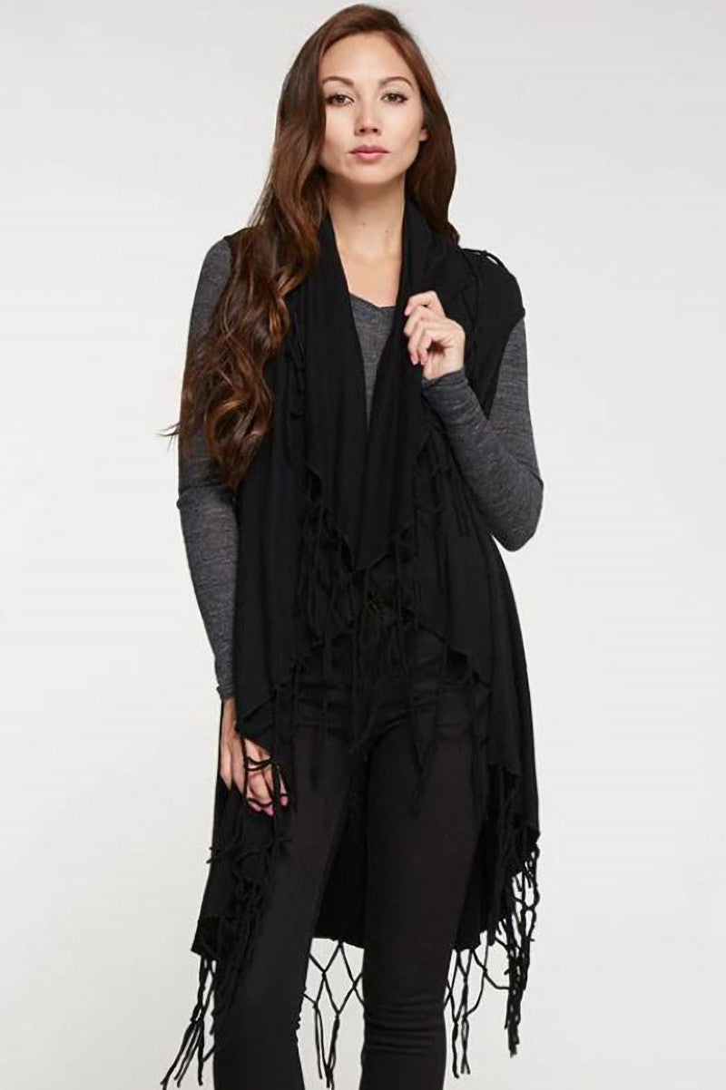 Open sweater vest with draped shawl in black front view
