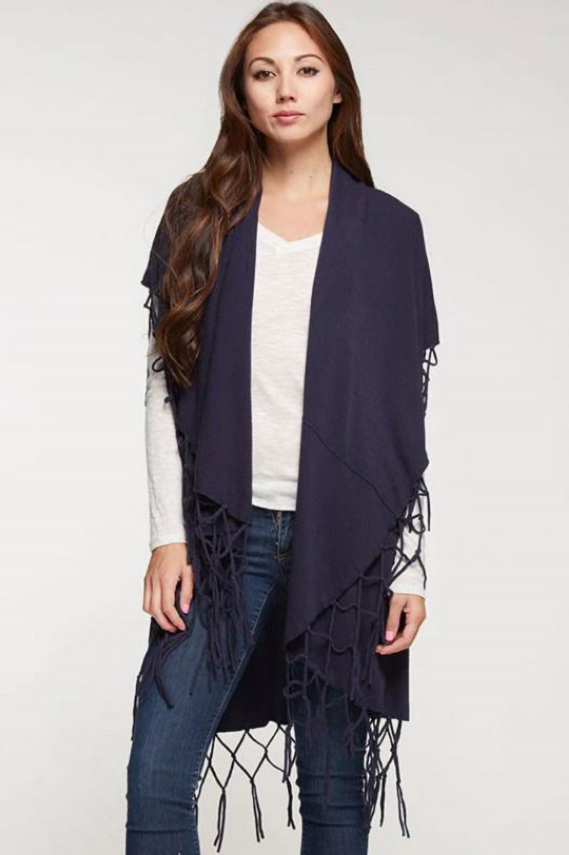 Open sweater vest with draped shawl in dark indigo front view