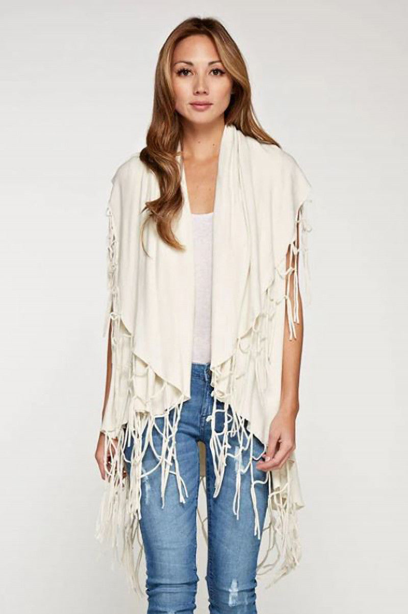 Open sweater vest with draped shawl in vanilla front view