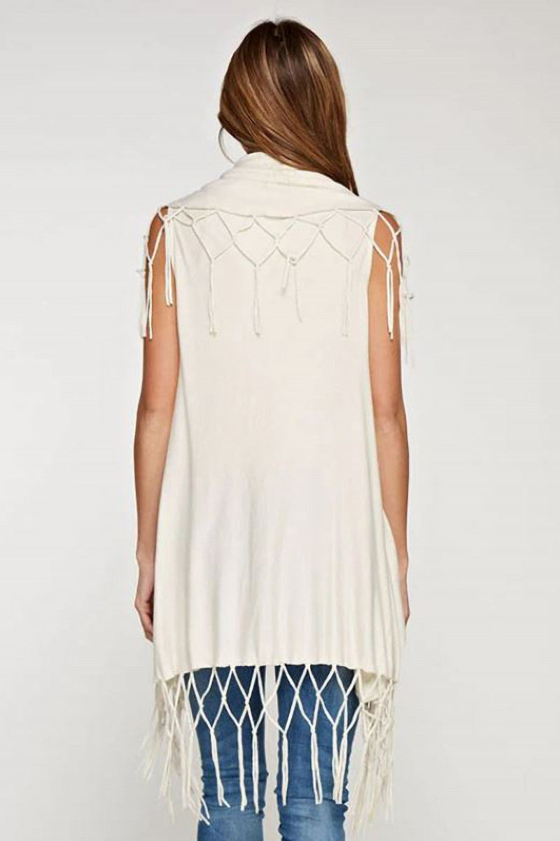 Open sweater vest with draped shawl in vanilla back view