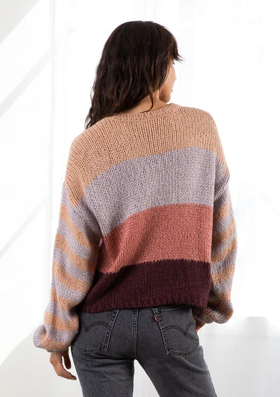 Multi striped long sleeve sweater in peach lavendar back view