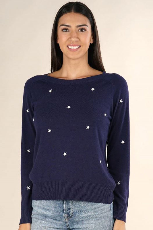 Long sleeve sweater with star embroidery detail in navy ivory front view