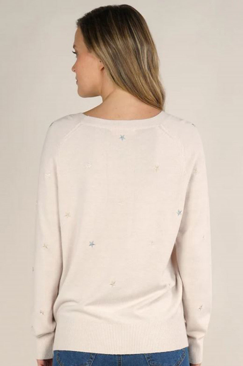 Long sleeve sweater with star embroidery detail in heather petal multi back view