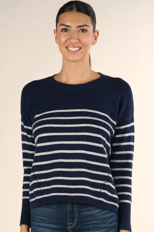 Long sleeve crew neck striped sweater in navy silver front view