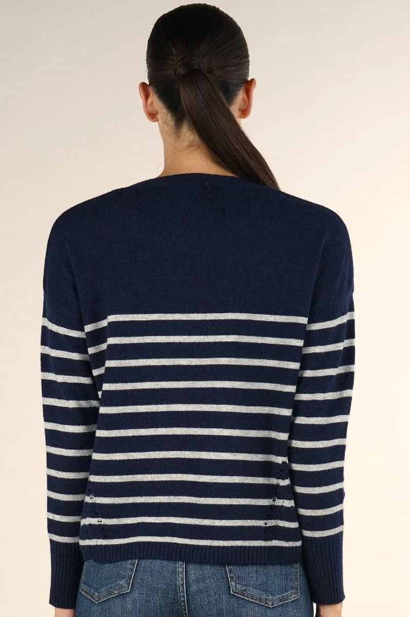 Long sleeve crew neck striped sweater in navy silver back view