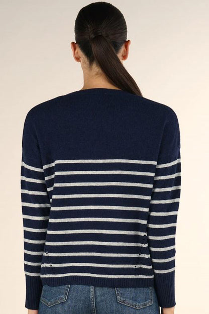 Long sleeve crew neck striped sweater in navy silver back view