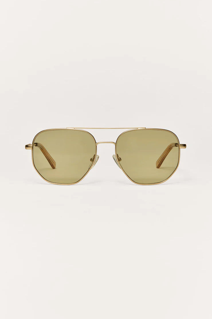 Aviator sunglasses, khaki polarized lenses with gold frame, front view