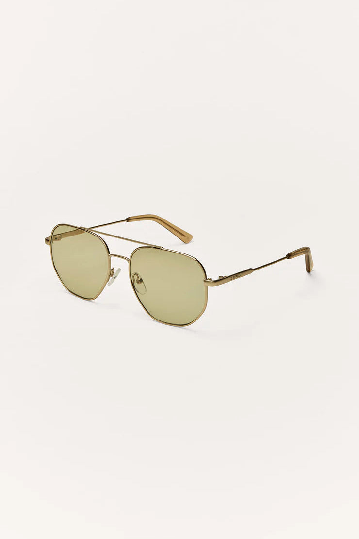 Side view aviator sunglasses, khaki polarized lenses with gold bridge and temples