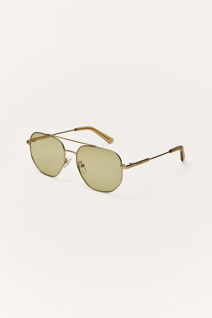 Side view aviator sunglasses, khaki polarized lenses with gold bridge and temples